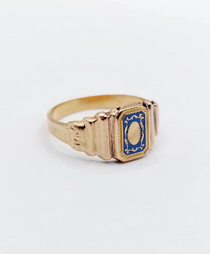 Bague 62 Bague chevalière victorienne en or rose 18k et émail bleu 58 Facettes A06638