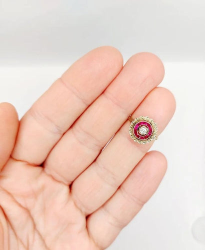 Bague 48 Bague fleur Art déco en or rose 18k avec diamant et rubis synthétiques 58 Facettes A04432