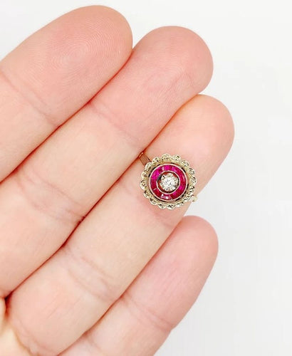 Bague 48 Bague fleur Art déco en or rose 18k avec diamant et rubis synthétiques 58 Facettes A04432