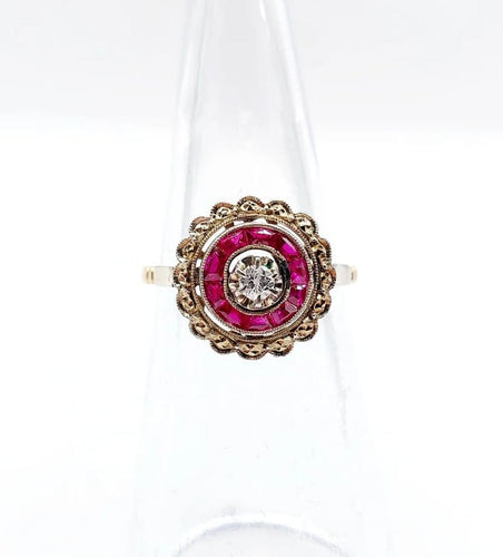 Bague 48 Bague fleur Art déco en or rose 18k avec diamant et rubis synthétiques 58 Facettes A04432
