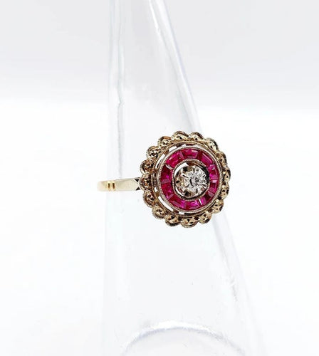 Bague 48 Bague fleur Art déco en or rose 18k avec diamant et rubis synthétiques 58 Facettes A04432
