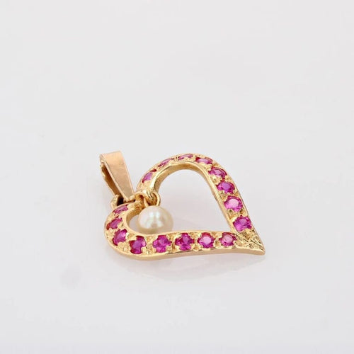 Pendentif Pendentif cœur en or jaune 18 carats, rubis de synthèse et perle 58 Facettes 21-275B