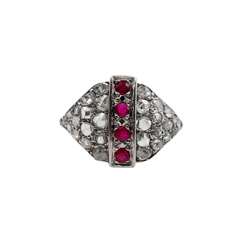Bague 61 Bague dôme Art déco en or blanc 18k, rubis et diamants taille rose 58 Facettes A05805