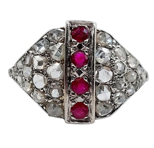 Bague 61 Bague dôme Art déco en or blanc 18k, rubis et diamants taille rose 58 Facettes A05805