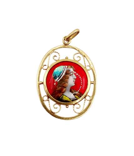 Pendentif Bardonnaud Limoges - Pendentif Art nouveau en or 18k, plaque émaillée 58 Facettes A06401