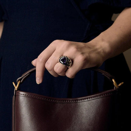 Bague 58 La Préférée - Bague bombée en or blanc sertie d’améthyste et topazes 58 Facettes LP1421/