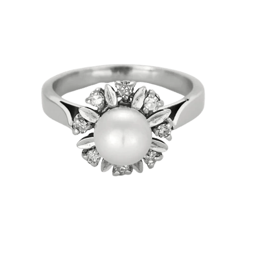 Bague 49 Bague feuille perlée en or blanc 18 carats, perle et diamants 58 Facettes LP1504/