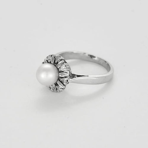 Bague 49 Bague feuille perlée en or blanc 18 carats, perle et diamants 58 Facettes LP1504/