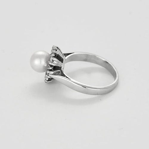 Bague 49 Bague feuille perlée en or blanc 18 carats, perle et diamants 58 Facettes LP1504/