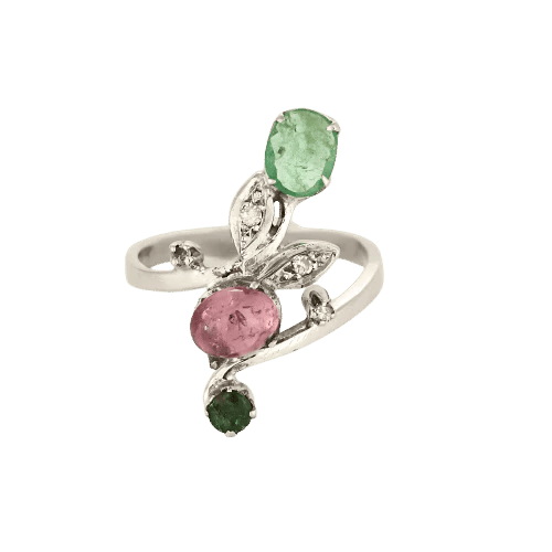 Bague 54 L'Esmeralda - Bague en or blanc avec diamants, émeraudes et tourmaline 58 Facettes LP1212/12