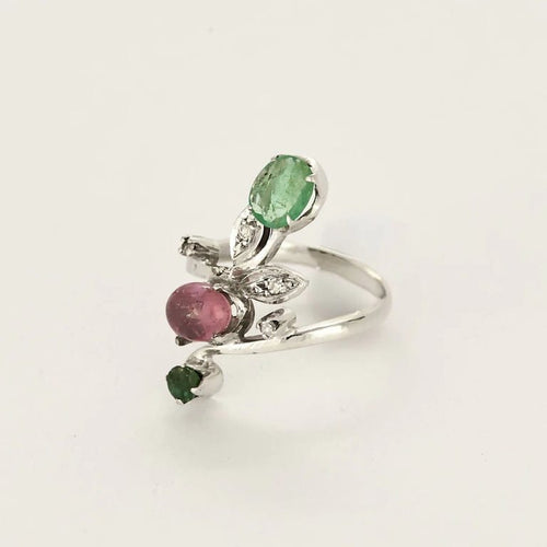 Bague 54 L'Esmeralda - Bague en or blanc avec diamants, émeraudes et tourmaline 58 Facettes LP1212/12