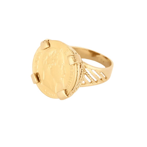 Bague 53 Bague porte-pièce en or jaune avec pièce Napoléon 10 Francs 58 Facettes LP1362/