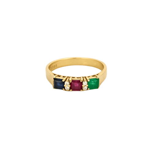 Bague 54 Alliance cocktail - Bague en or jaune 18 carats, saphir, rubis, émeraude et diamants 58 Facettes LP957/13