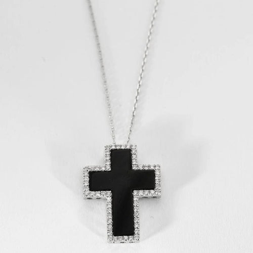 Collier Collier croix en or blanc 750 avec onyx et diamants 58 Facettes LP1060/16