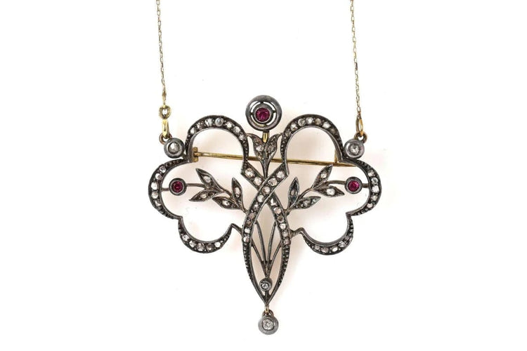 Collier Collier Art nouveau avec diamants et rubis synthétiques en or 14 carats 58 Facettes 10234