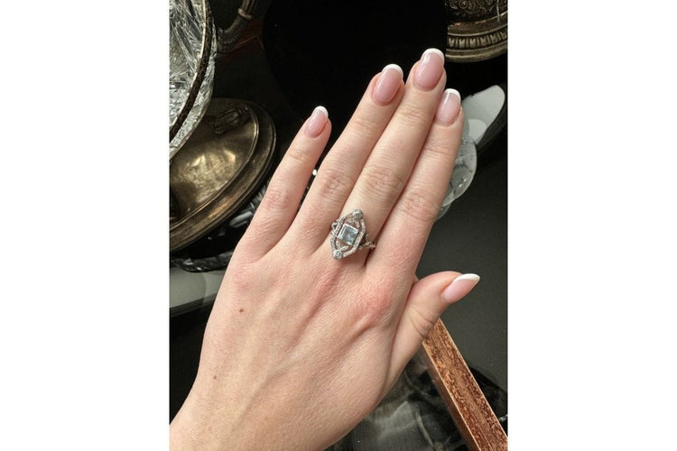 Bague 55 Art Déco - Bague en or jaune, platine, aigue-marine et diamants 58 Facettes 9831