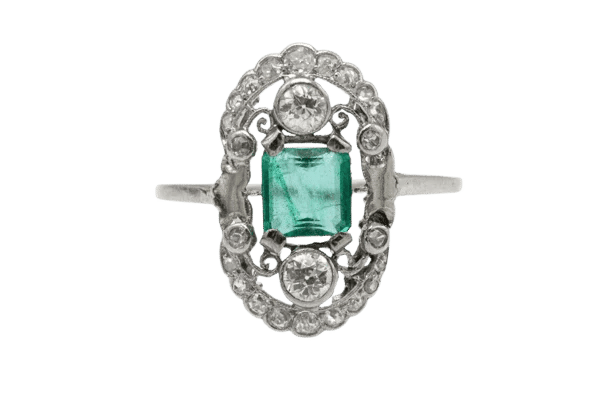 Bague 58 Bague Art déco en or blanc 18 carats avec diamants et émeraude 58 Facettes 10969