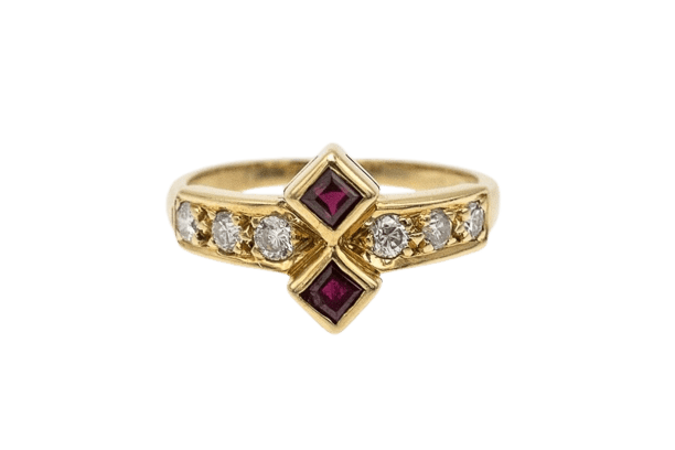 Bague 50 Bague vintage géométrique en or jaune 18 carats, rubis et diamants 58 Facettes 11155