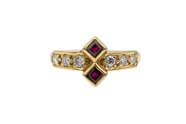 Bague 50 Bague vintage géométrique en or jaune 18 carats, rubis et diamants 58 Facettes 11155