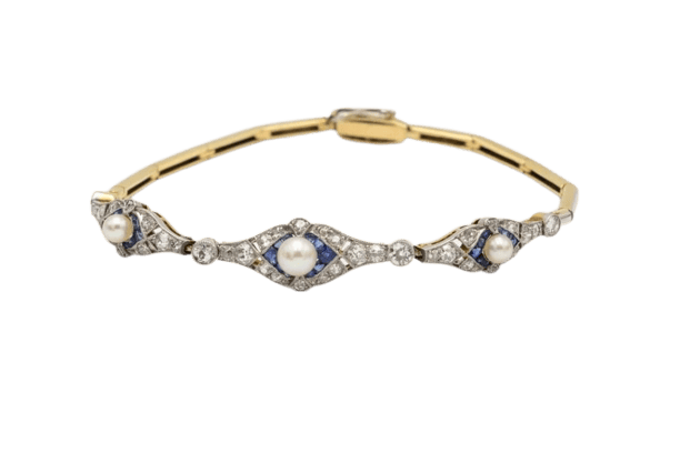 Bracelet Art déco - Bracelet en or jaune, platine, diamants, perles et saphirs synthétiques 58 Facettes 9530