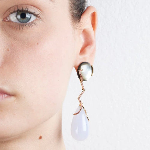 Boucles d'oreilles Boucles d’oreilles en or jaune 750, nacre, calcédoine et rubis 58 Facettes