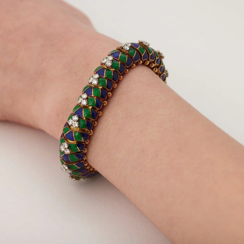 Bracelet Bracelet en or jaune 750/1000, émail bleu et vert, diamants taille brillant 58 Facettes