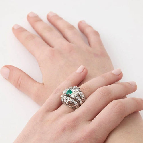 Bague 50 Bague Art déco en platine avec émeraude et diamants 58 Facettes