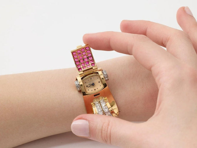 Montre Montre bracelet 1950 en or jaune et platine, diamants 58 Facettes