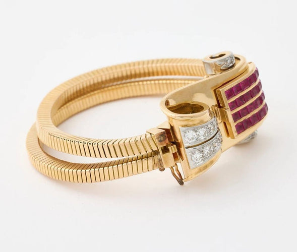 Montre Montre bracelet 1950 en or jaune et platine, diamants 58 Facettes