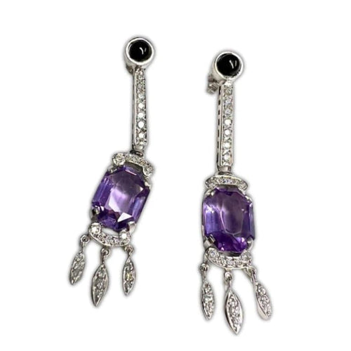 Boucles d'oreilles Boucles d'oreilles style Art déco en or blanc 18 carats, diamants, onyx et améthystes 58 Facettes Q17B