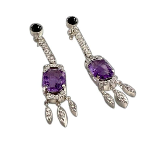 Boucles d'oreilles Boucles d'oreilles style Art déco en or blanc 18 carats, diamants, onyx et améthystes 58 Facettes Q17B