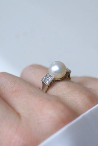 Bague 58 Art Déco - Bague perle et diamants en or jaune et platine 58 Facettes