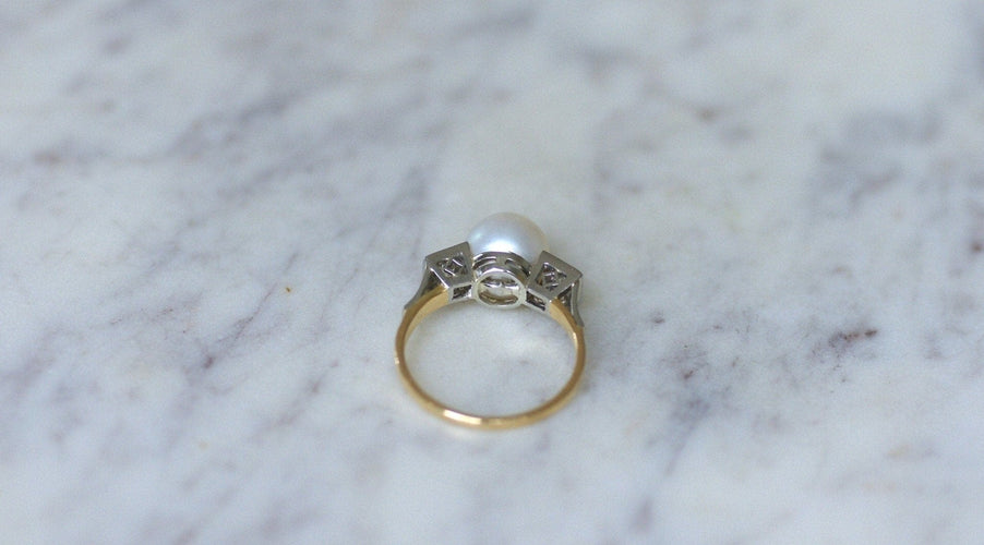 Bague 58 Art Déco - Bague perle et diamants en or jaune et platine 58 Facettes