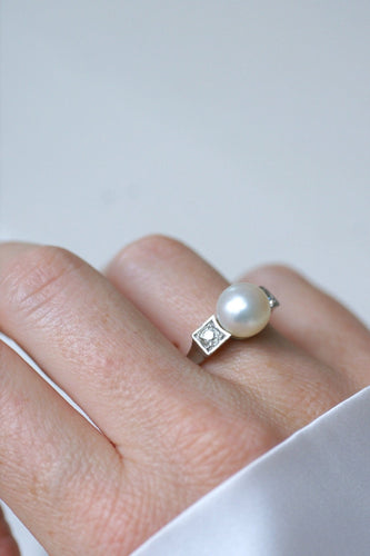Bague 58 Art Déco - Bague perle et diamants en or jaune et platine 58 Facettes
