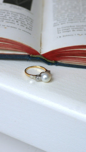 Bague 58 Art Déco - Bague perle et diamants en or jaune et platine 58 Facettes