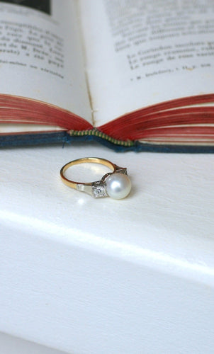 Bague 58 Art Déco - Bague perle et diamants en or jaune et platine 58 Facettes