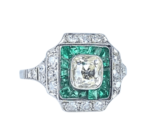 Bague 56 Bague Art déco coussin en platine, diamants et émeraudes 58 Facettes AB674