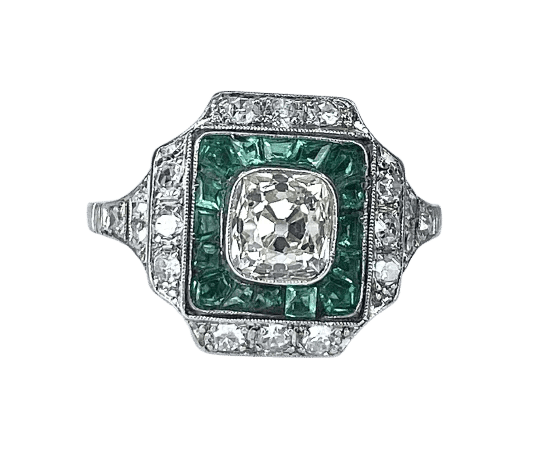 Bague 56 Bague Art déco coussin en platine, diamants et émeraudes 58 Facettes AB674