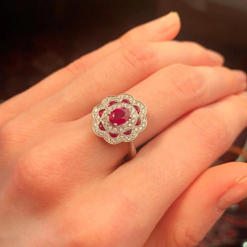 Bague 51 Bague style 1900 en or blanc 18K, rubis et diamants 58 Facettes AB218