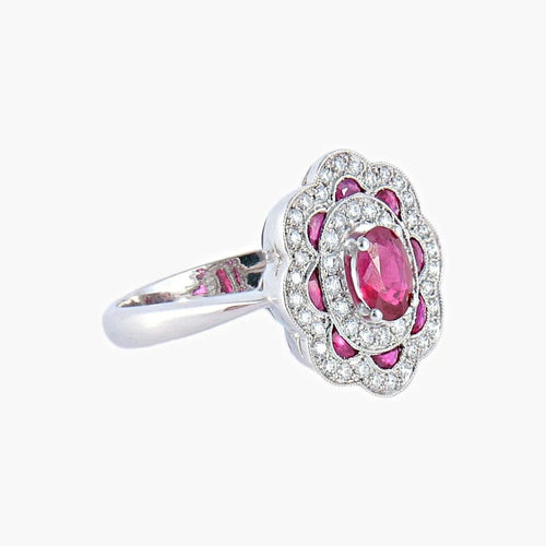 Bague 51 Bague style 1900 en or blanc 18K, rubis et diamants 58 Facettes AB218