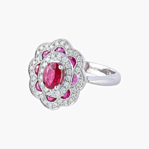 Bague 51 Bague style 1900 en or blanc 18K, rubis et diamants 58 Facettes AB218