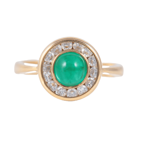 Bague 52 Bague marguerite émeraude cabochon et diamants en or jaune 18 ct 58 Facettes 1