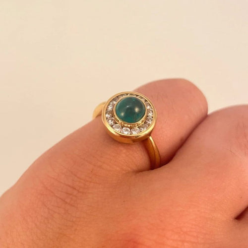 Bague 52 Bague marguerite émeraude cabochon et diamants en or jaune 18 ct 58 Facettes 1