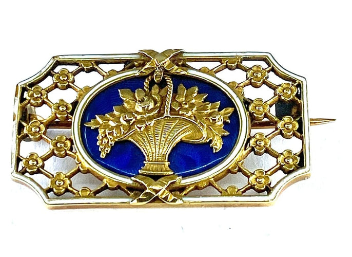 Broche Broche panier fleuri en or 18 carats et émaux bleu et blanc 58 Facettes AB112