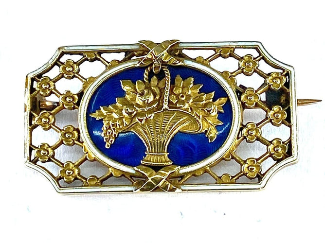 Broche Broche panier fleuri en or 18 carats et émaux bleu et blanc 58 Facettes AB112