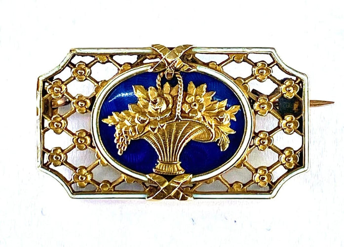 Broche Broche panier fleuri en or 18 carats et émaux bleu et blanc 58 Facettes AB112