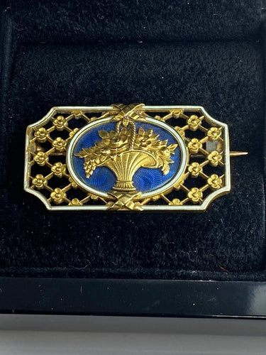 Broche Broche panier fleuri en or 18 carats et émaux bleu et blanc 58 Facettes AB112