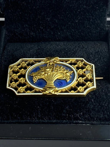Broche Broche panier fleuri en or 18 carats et émaux bleu et blanc 58 Facettes AB112