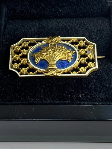 Broche Broche panier fleuri en or 18 carats et émaux bleu et blanc 58 Facettes AB112