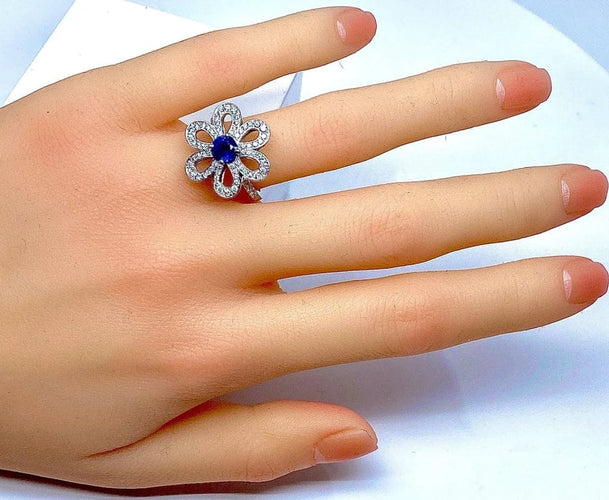 Bague 51 Bague fleur en or jaune 18 carats saphir et diamants 58 Facettes AB156